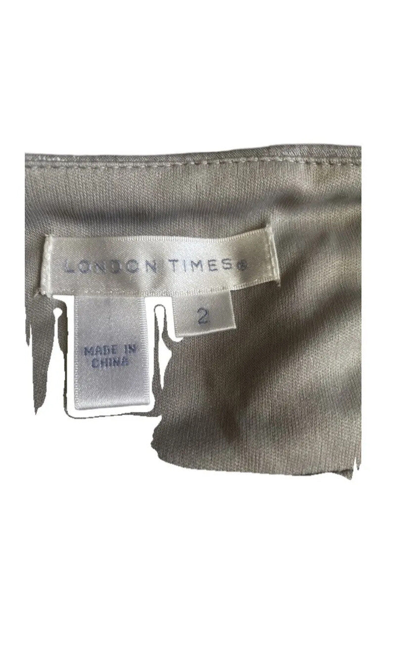 London Times Ruffle Sheath Dress Layered Sleeveless Silver Gray Side Zipper Sz 2