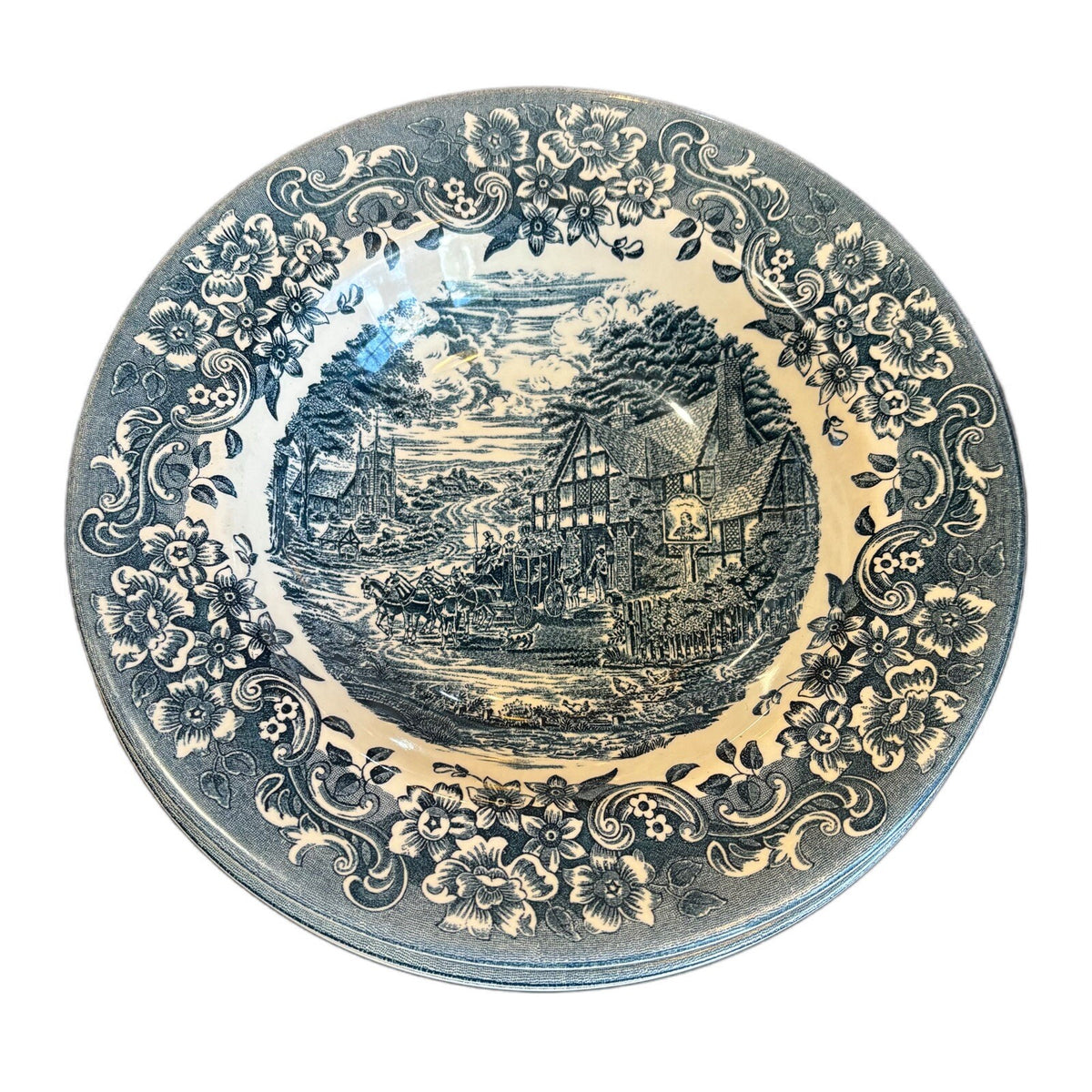 Staffordshire 4-Rim Soup Bowls Engravings 17th Century Blue 8.5"D