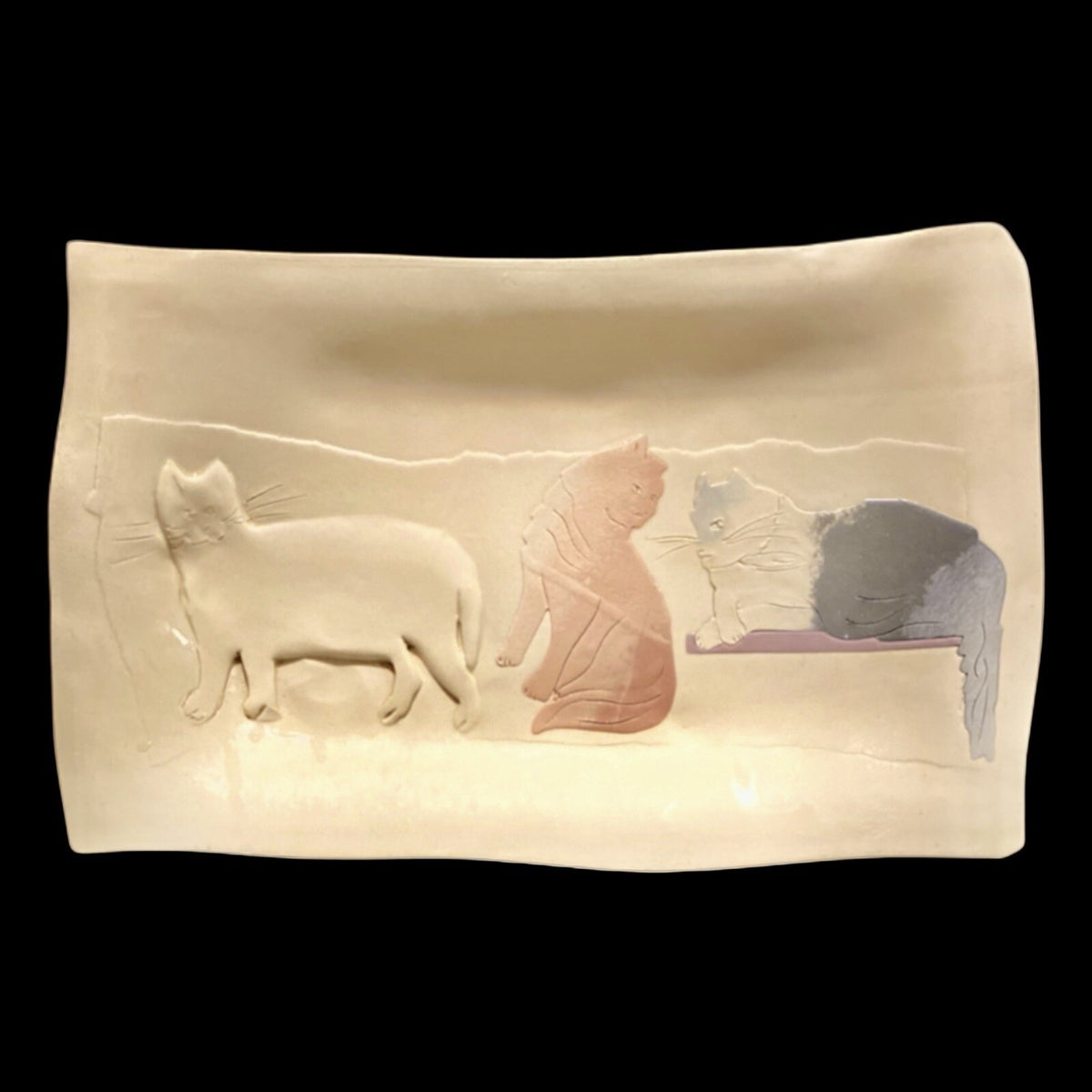 Vintage Raised Cats Platter Signed KAMRASS KIOK Embossed Clay NYC Studio Pottery