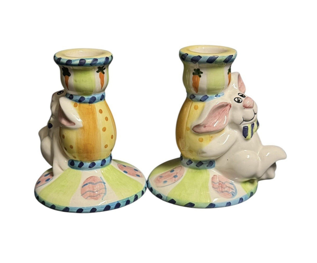 Bazaar Inc World Bunny Rabbit Candle Holders Easter Pair Ceramic 4.1/8”