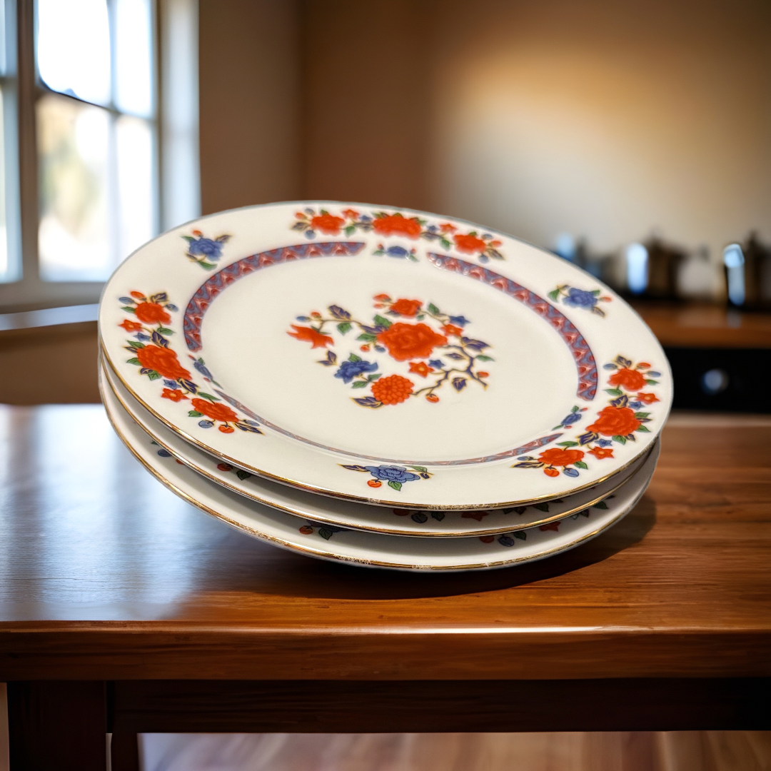 3 CROWN MING OLD IMARI Salad Plates 7.5” Jian Shiang China Faded Gold Trim