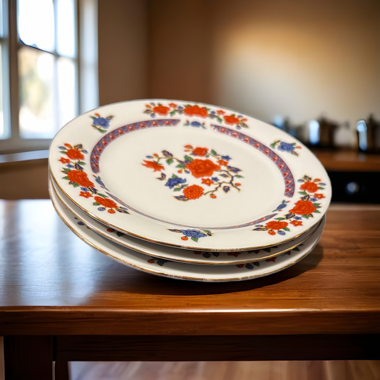 3 CROWN MING OLD IMARI Salad Plates 7.5” Jian Shiang China Faded Gold Trim