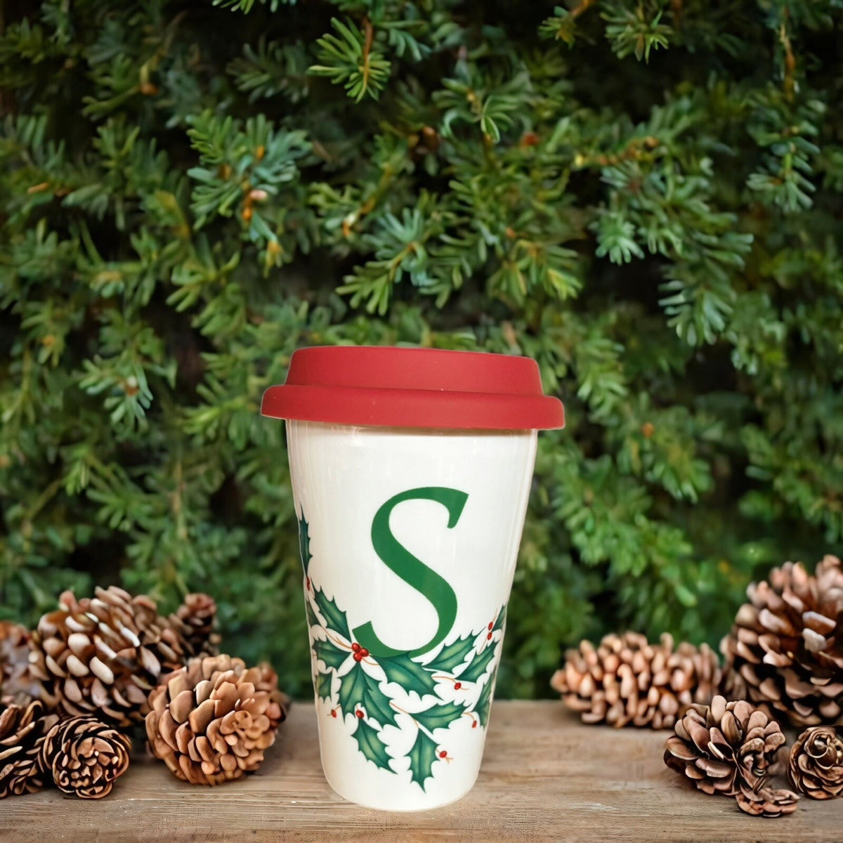 Lenox Holiday Mug Monogram S Ceramic Travel Coffee Tea Winter Cup Holly Berries