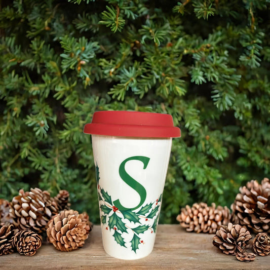 Lenox Holiday Mug Monogram S Ceramic Travel Coffee Tea Winter Cup Holly Berries