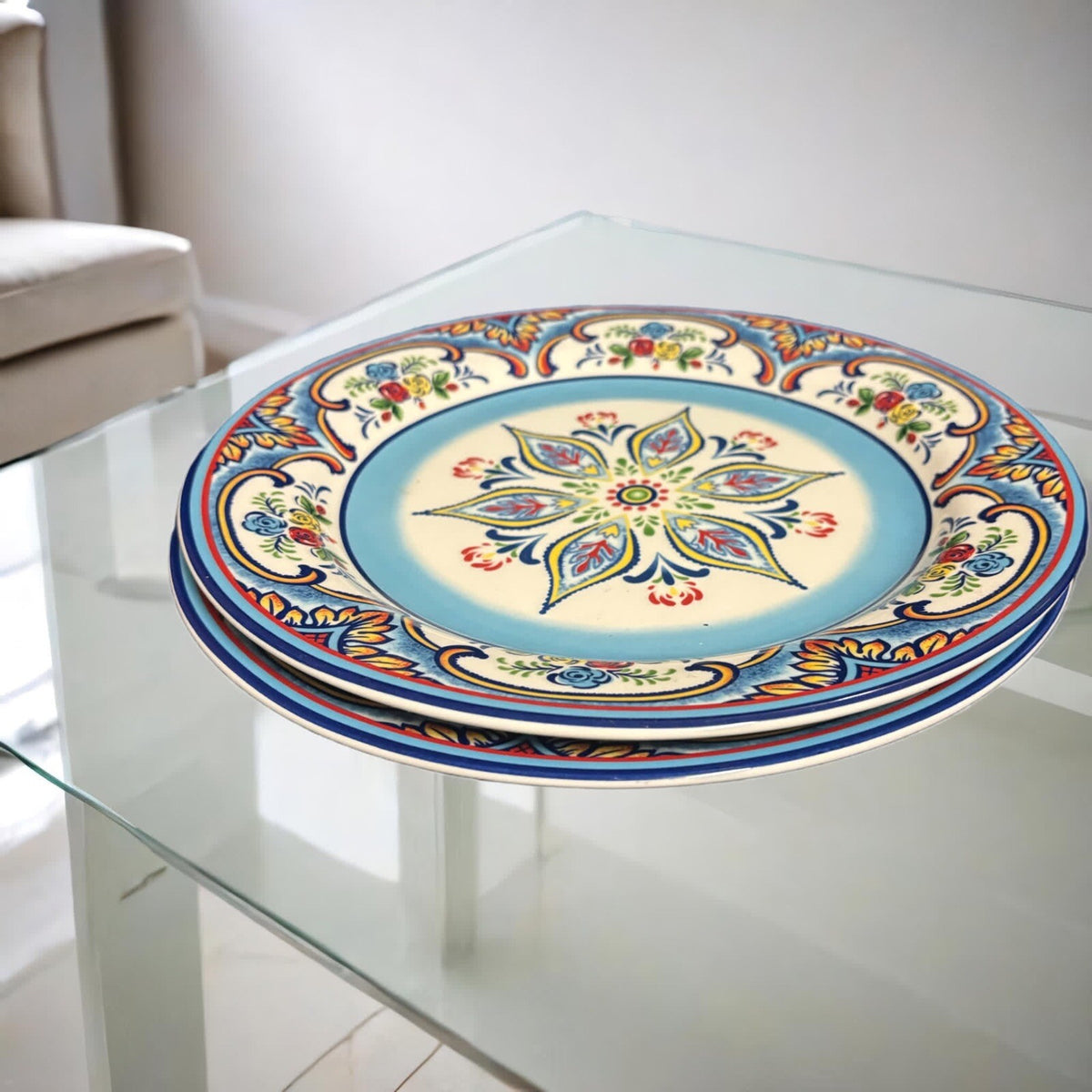 Euro Ceramica ZANZIBAR 2-Dinner Plates Ceramic 10 1/2” D Floral Geometric Art