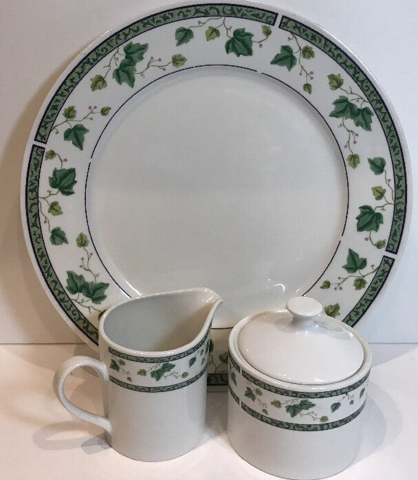 Sango IVY CHARM Chop Plate, Creamer, Sugar Bowl & Lid Service Set 8854 Oven Safe