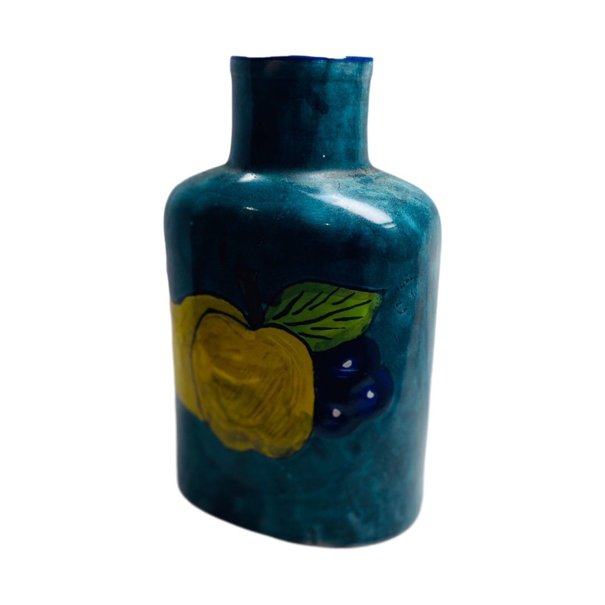 Vintage Vase Hand Painted TALAVERA Mexican Pottery Turquoise Yellow Apple Pear