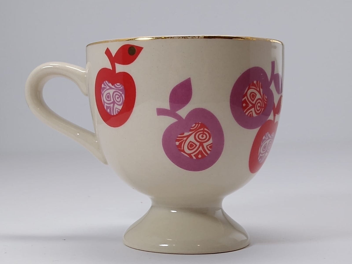Anthropologie Pedestal Mug Apples 8oz White Red Interior Ceramic Tea Coffee Cup