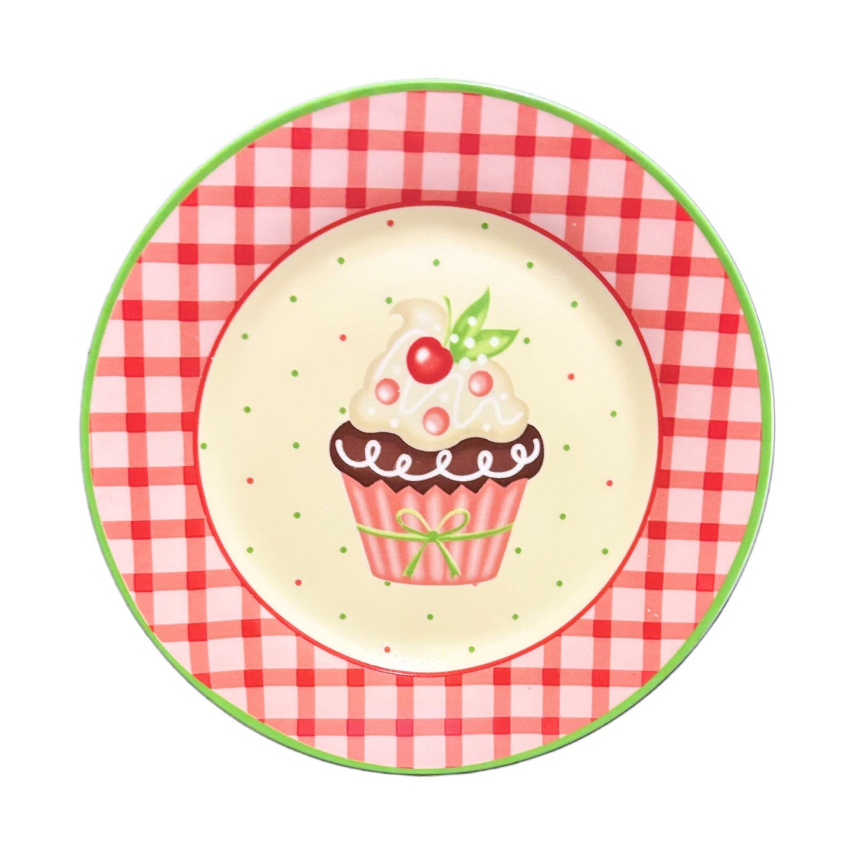 TRISA 4-Dessert Plates Sweets Birthday Cupcake Party Plate Checkered Border 8”D