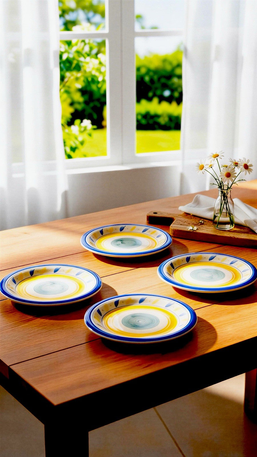 Gibson Everyday Amano Salad Plates Set of 4 7 5/8” D Blue Yellow Bands Leaves