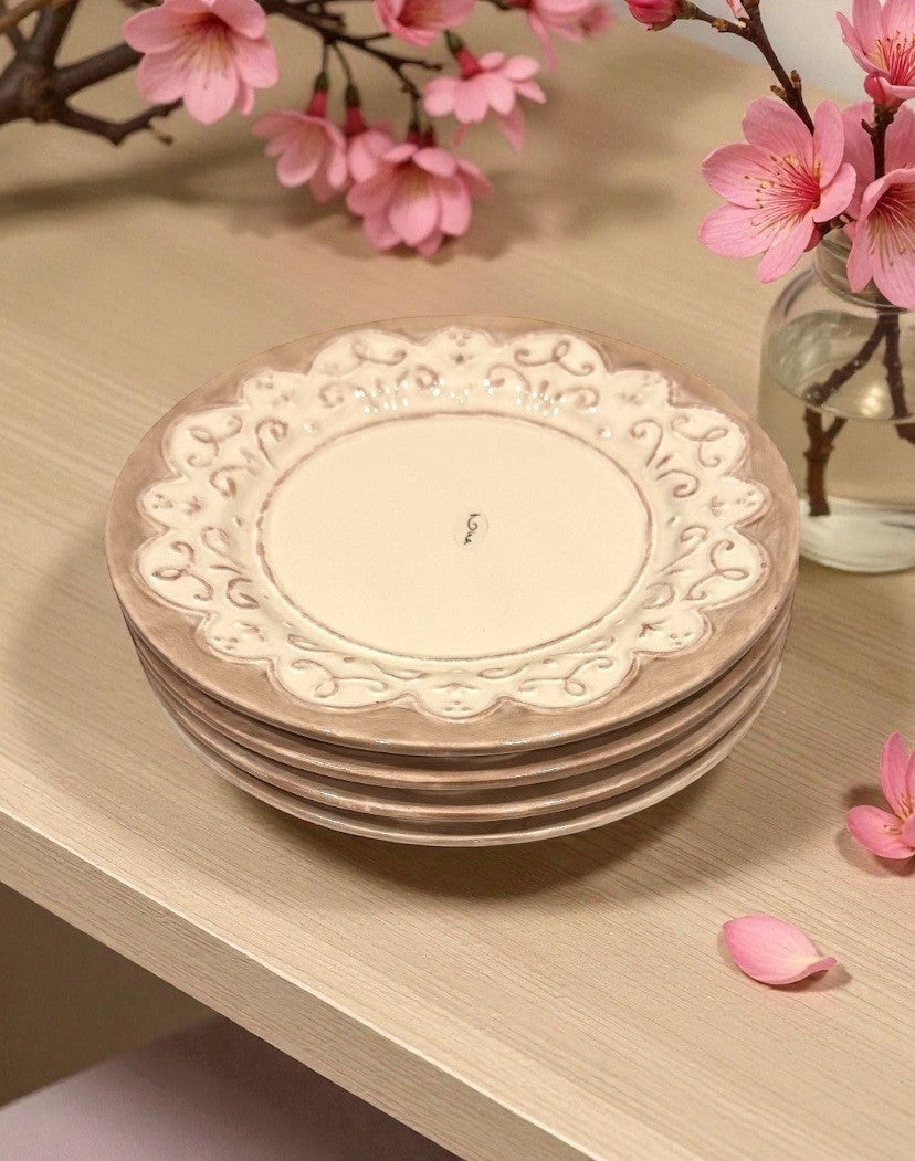 Nina Campbell Embossed 4 Salad Plates 8.5” Cream & Taupe – Rare Elegant Design