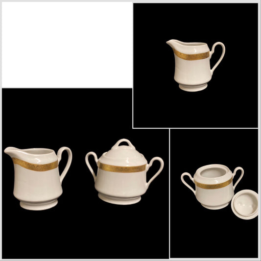 Gabbay QUEEN VICTORIA Creamer & Lidded Sugar Bowl Ceramic White Gold Border Trim