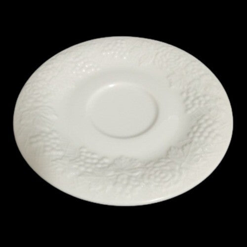 Gibson Designs FOUR SEASONS 4-Saucers 6 ½” D All White Embossed Fruit Floral Rim