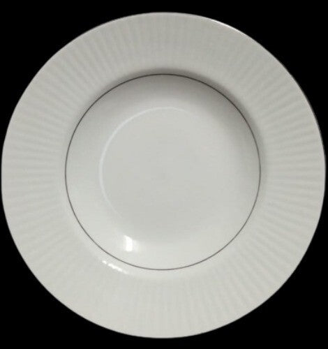 Gibson Designs BLACK TIE 2-Soup Bowls Silver Trim 8 5/8" D Ribbed Border White