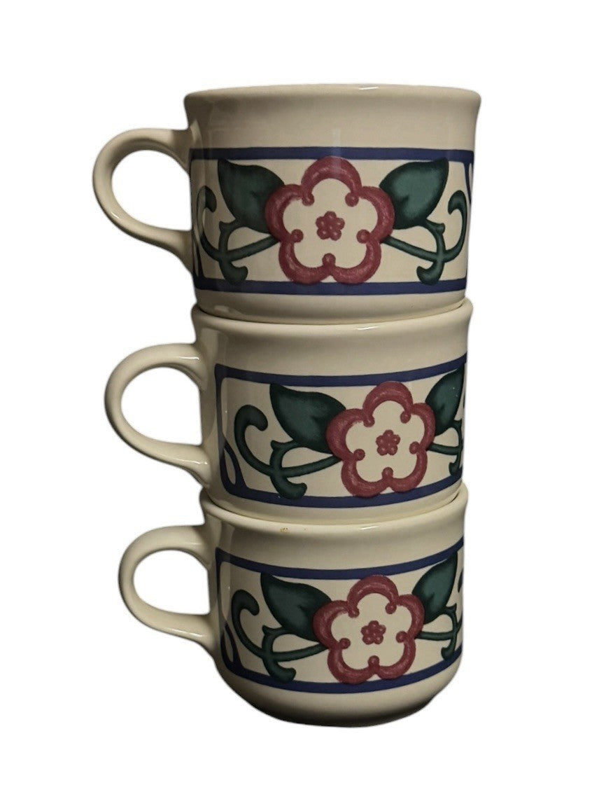 Pfaltzgraff Arbor Vine Set of 3 Coffee Tea Cups Mugs Stoneware Cream Floral