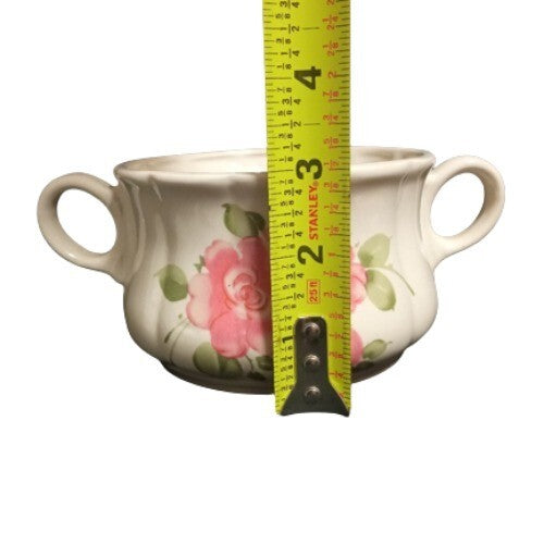 Gibson Designs ROSELAND 6-Soup Mugs 4 5/8" D Pink Roses Pink Trim Tan Cereal Cup