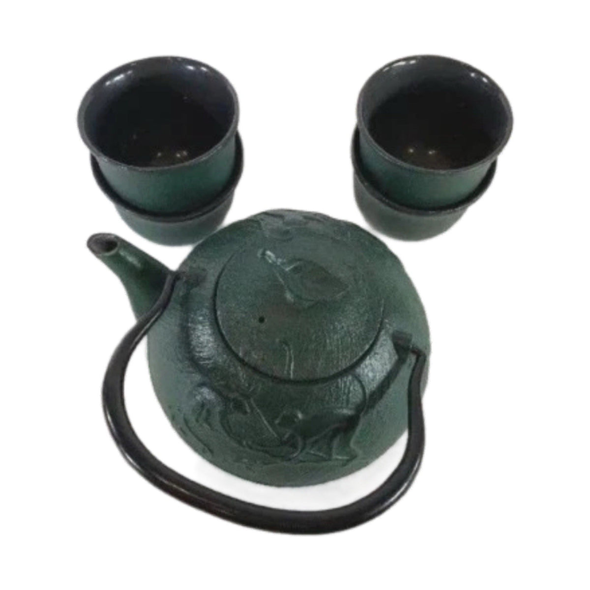 Japanese Cast Iron Teapot Set w/ 4 Cups Green Monkey & Bamboo Enamel Interior