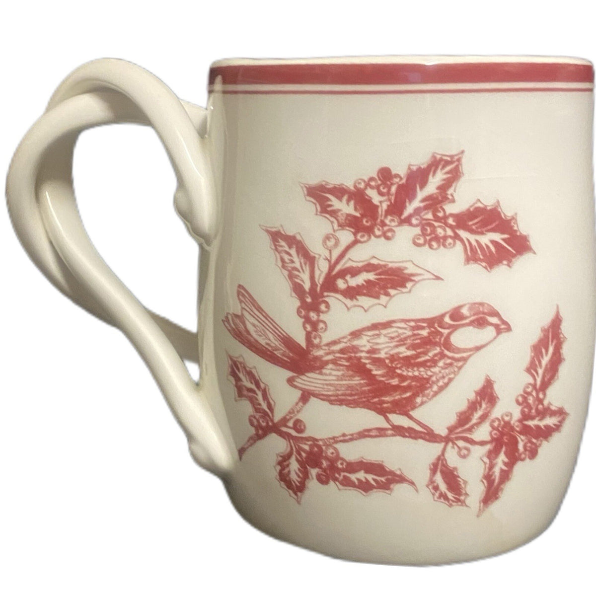 Williams-Sonoma Mug Holiday Toile Hollie Red Bird Berries Twisted Double Handle