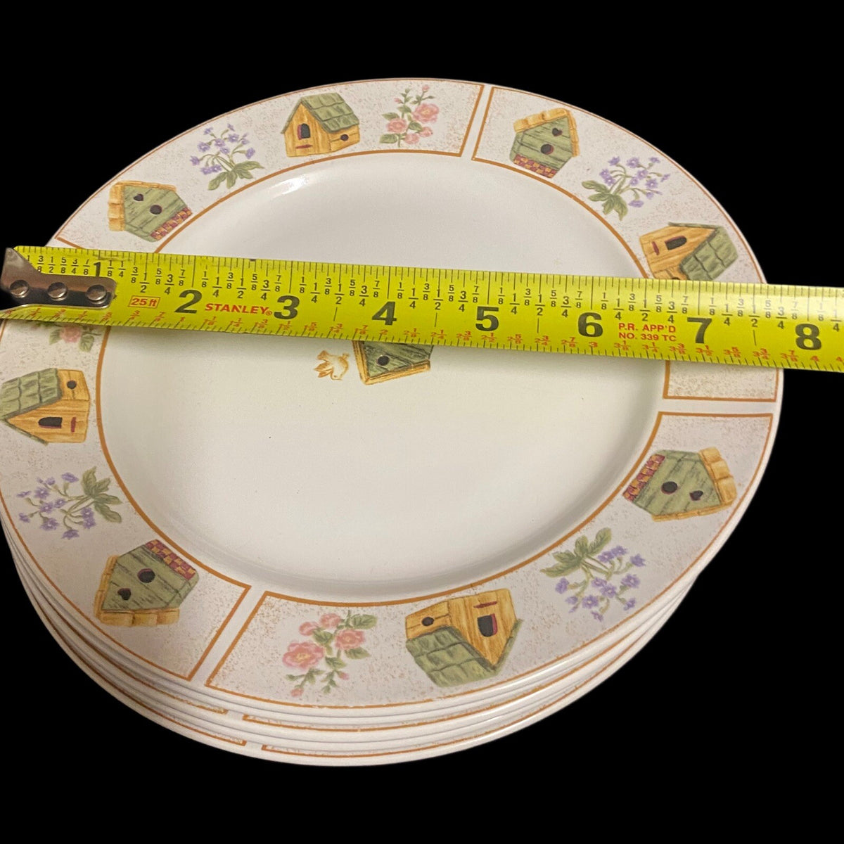 Gibson Designs AVIARA 5-Salad Plates Yellow Green Bird Houses Dessert 7 3/4" D