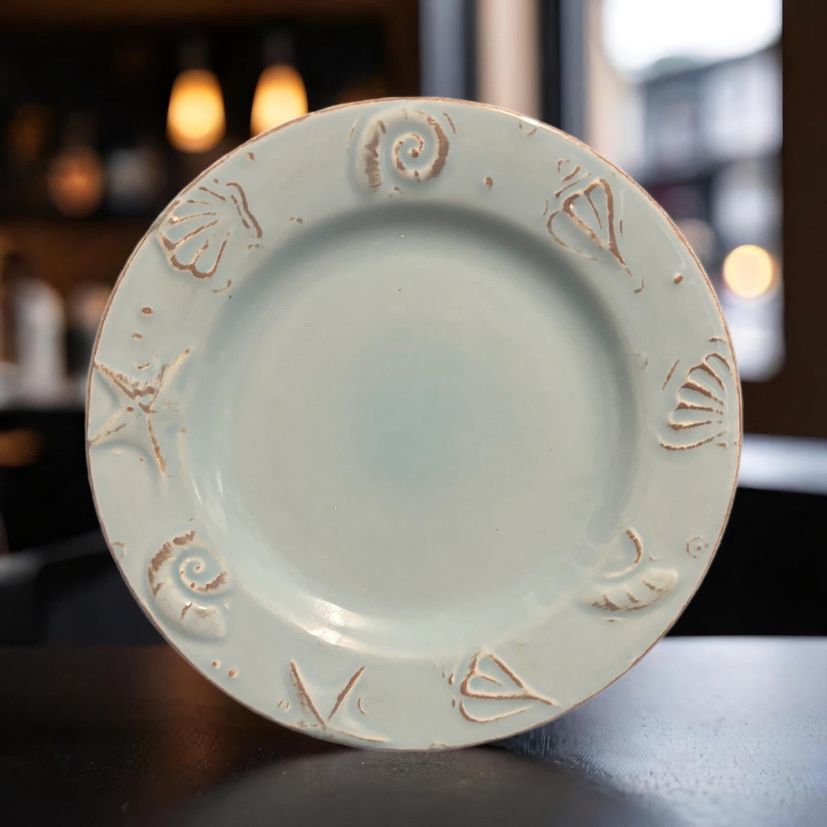 Thomson Pottery 4-Dinner Plates Cape Code Blue Sea Shells Nautical 10 7/8”D