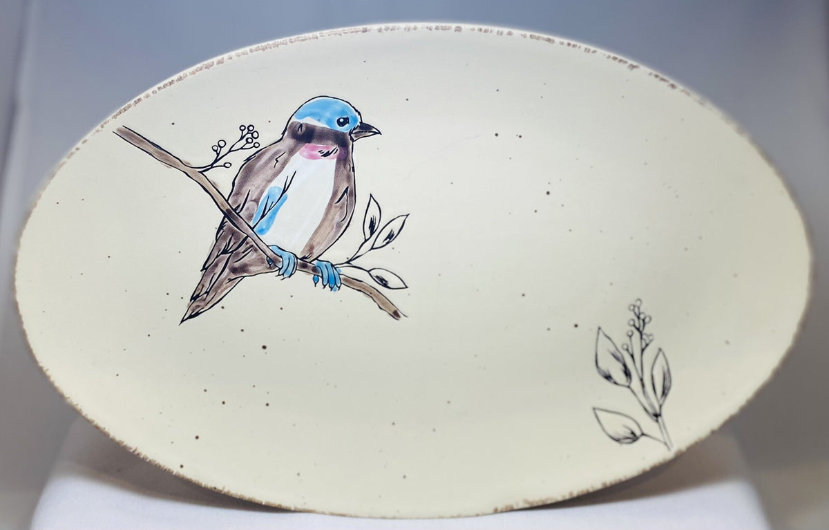 Inhomestylez Oval Ceramic Platter – Hand-Painted Bird Branch Design – 14”