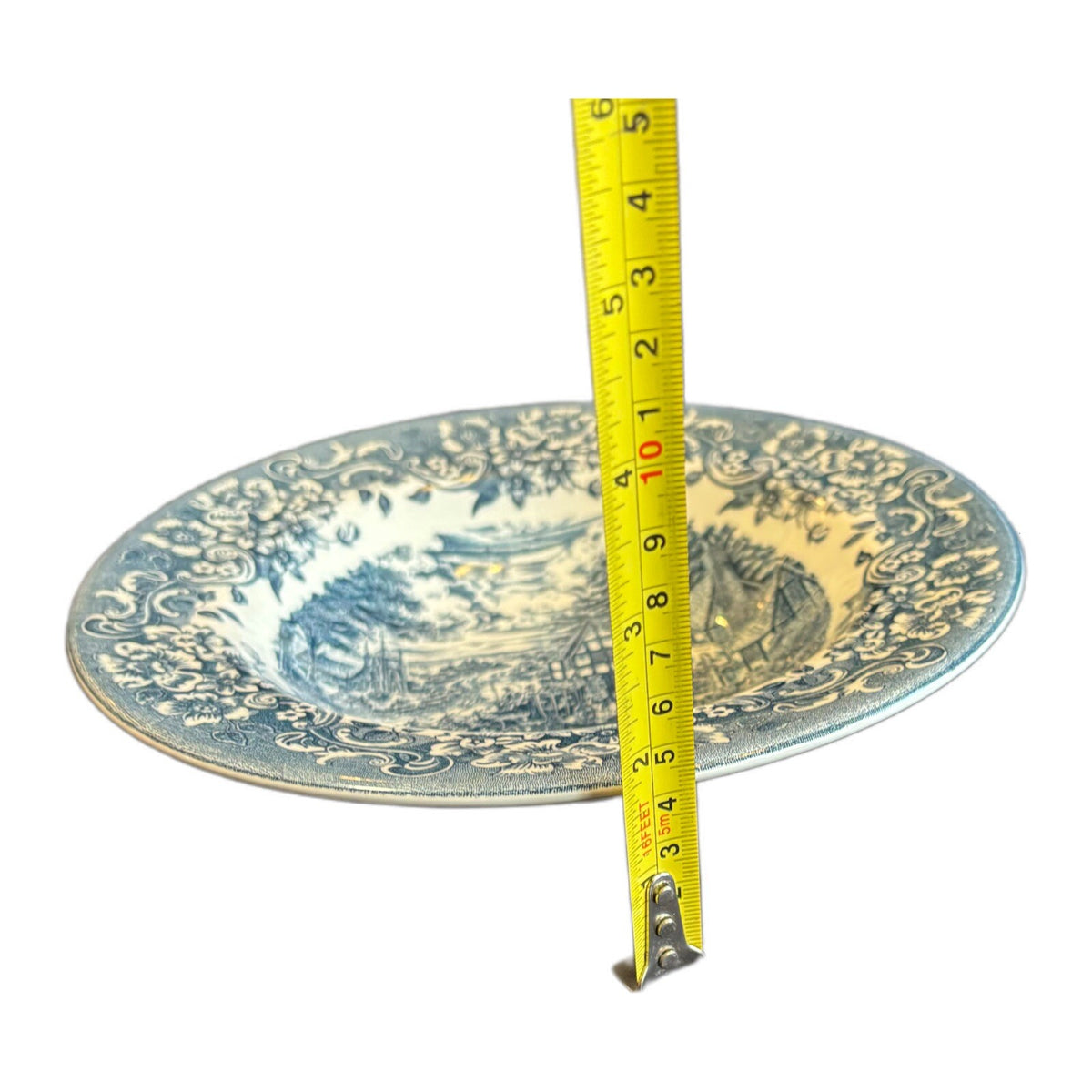 Staffordshire 4-Rim Soup Bowls Engravings 17th Century Blue 8.5"D