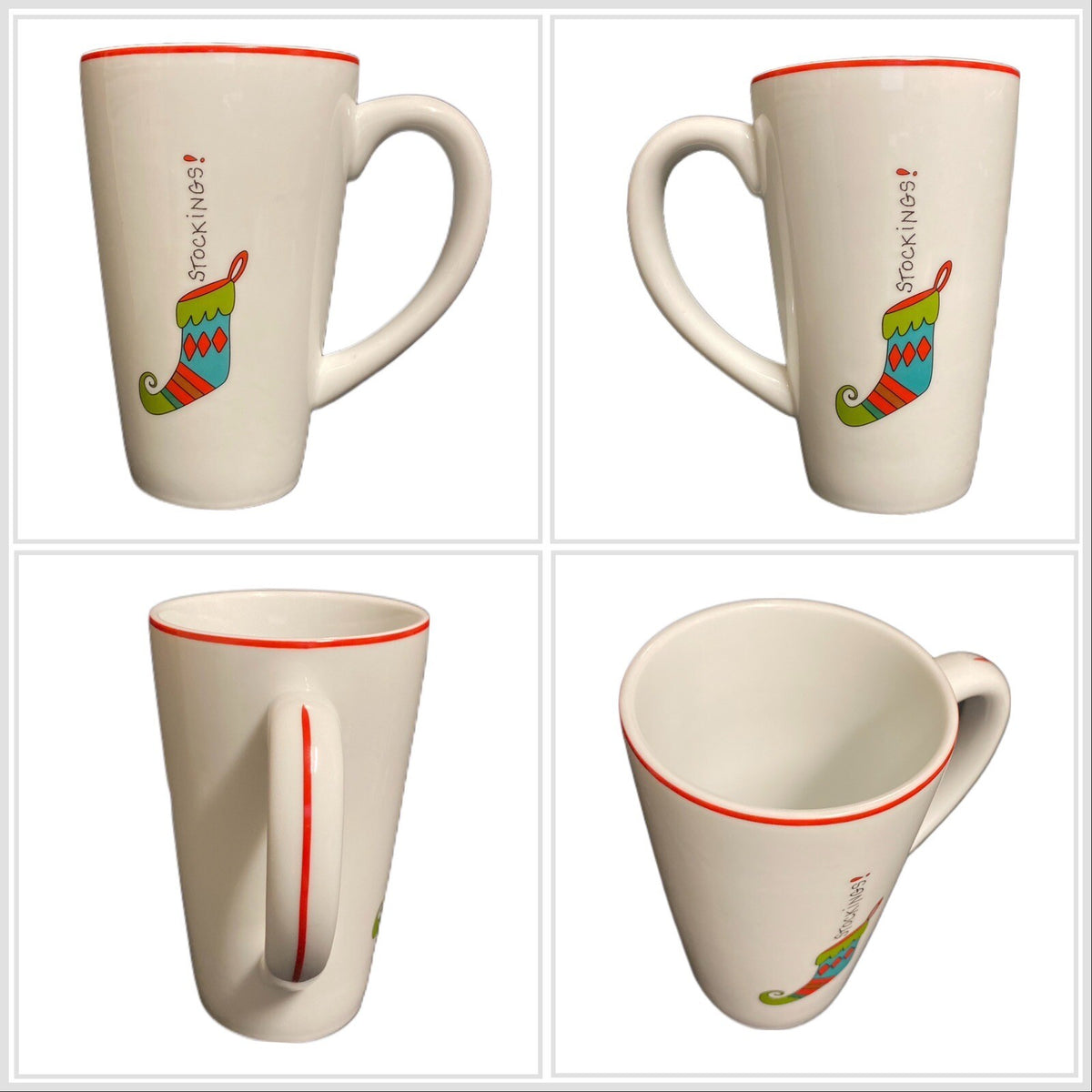Fitz & Floyd HAPPY HOLIDAYS Tall Latte Mug Gourmet Stockings Coffee Tea Cup