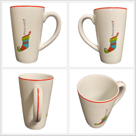 Fitz & Floyd HAPPY HOLIDAYS Tall Latte Mug Gourmet Stockings Coffee Tea Cup