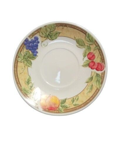 Gibson Designs FRUIT GROVE 4-Saucers 6" D Peaches Cherries & Grapes Ceramic Dish