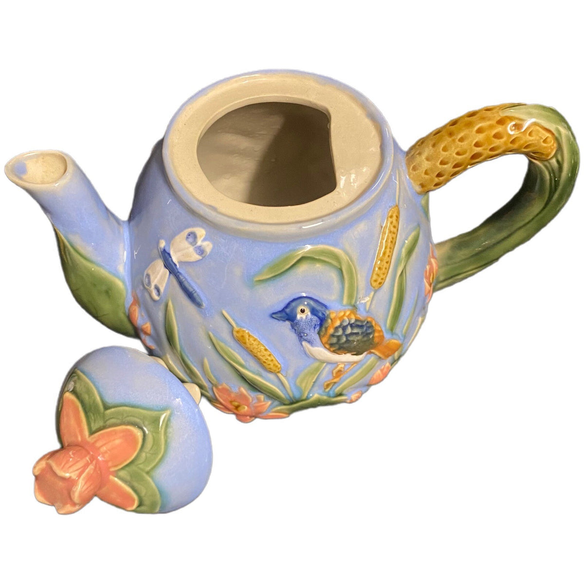 MAJOLICA Teapot Dragonflies Birds Lotus Blossom Flowers Blue Pottery Embossed
