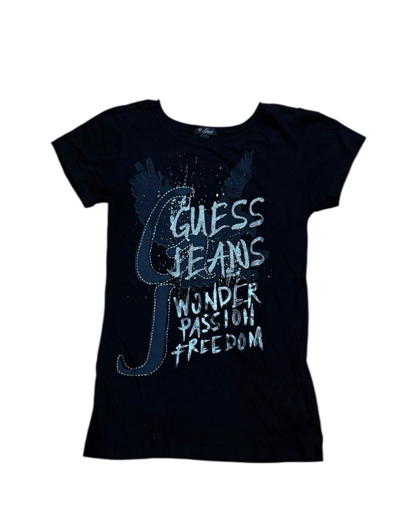 Guess Jeans Women's Black T-Shirt Silver Embellished Wonder Passion Freedom L