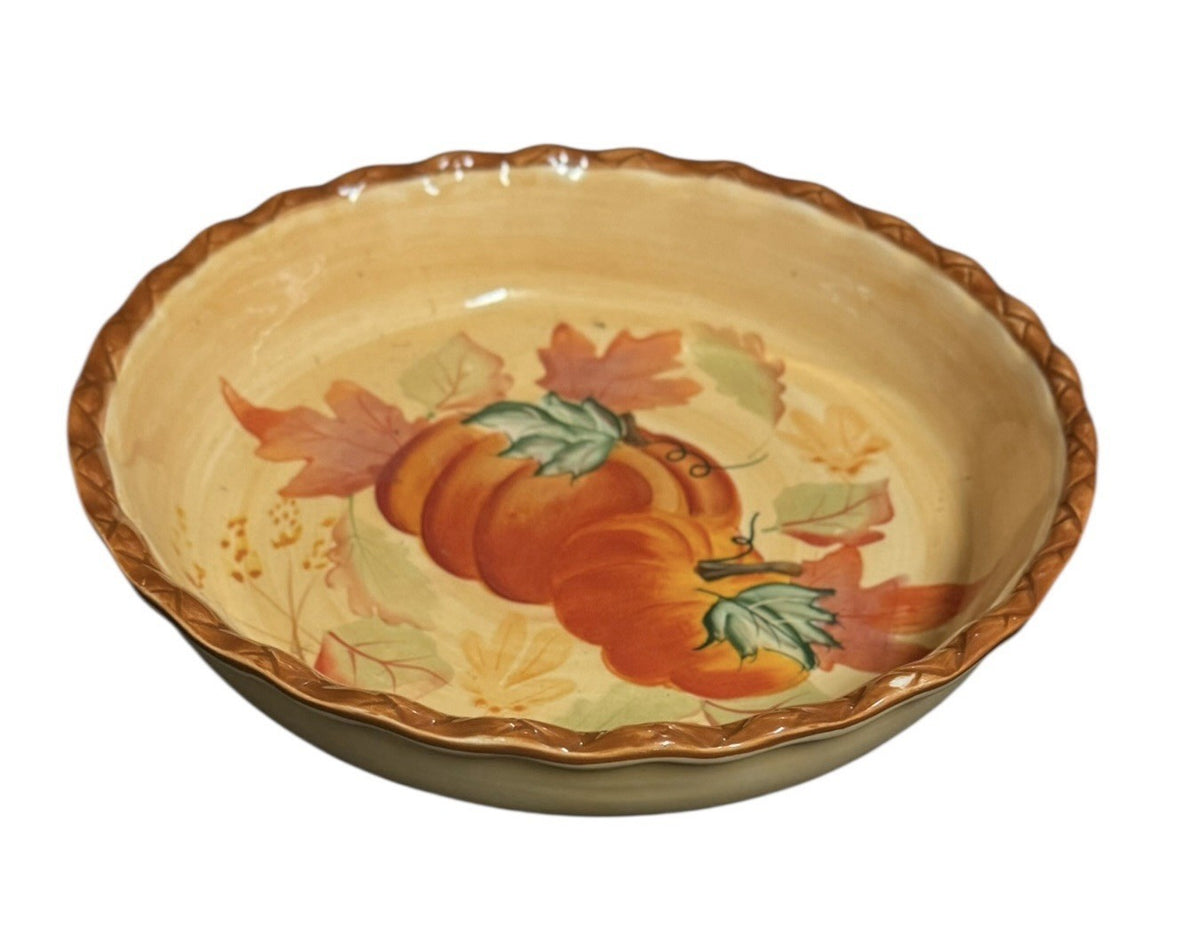 Home Accents Pumpkin Leaves 10.5” Scalloped Ceramic Serving Bowl Oven Safe