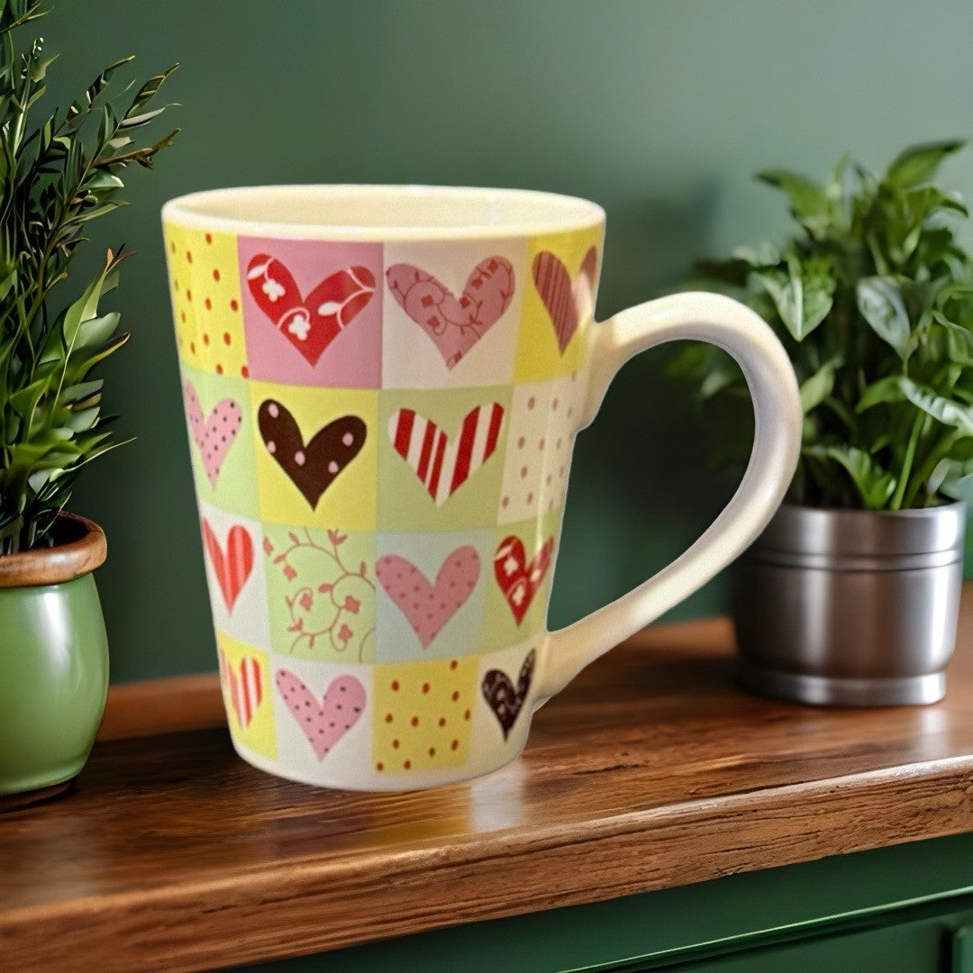 REAL HOME Mug Let Us Entertain You Colorful Hearts 10 Oz Ceramic Coffee Cup