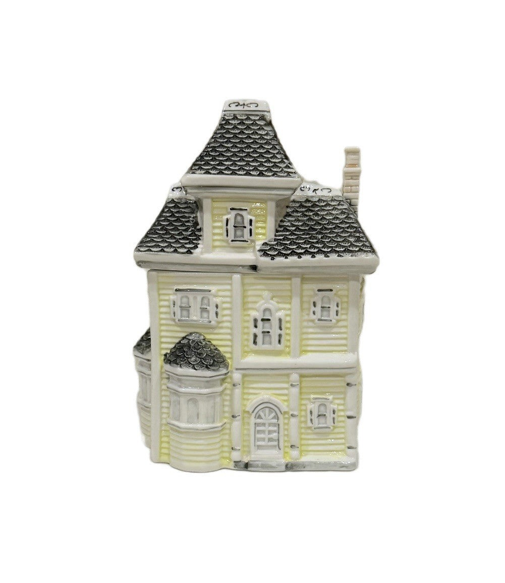 Victorian House Cookie Jar Yellow Ceramic Home Collectible Kitchen Storage