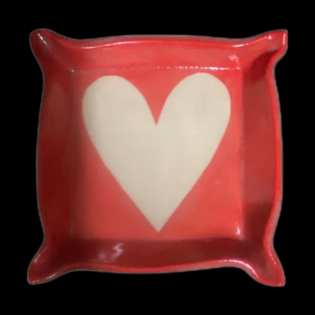 2-Trinket Red Dish White Heart Valentines Square Art Pottery Rings Tray Signed