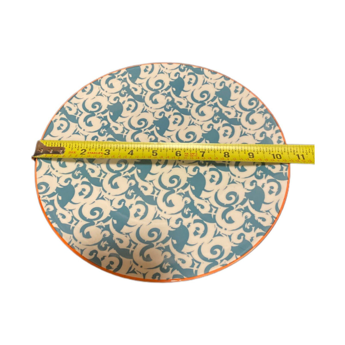 Better Homes & Gardens PIERS TEAL Ceramic Dinner Plates Scrolls Orange Trim