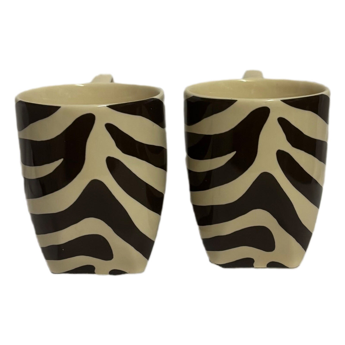 222 Fifth 2-Mugs BROWN ZEBRA Fine Porcelain Coffee Tea Cups Stripes PTS Int'l