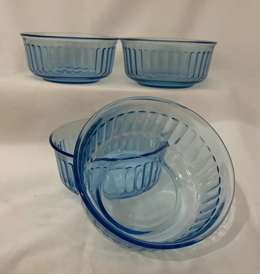 Vintage Fortecrisa Blue Azure Ice Blue 4 Glass Ribbed Bowls Mexico Forte Crisa