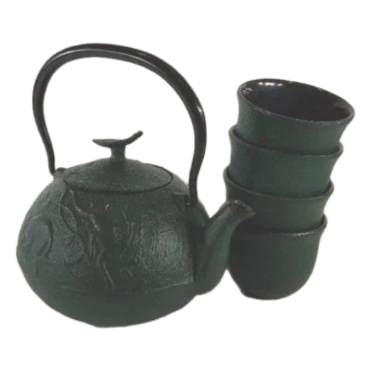 Japanese Cast Iron Teapot Set w/ 4 Cups Green Monkey & Bamboo Enamel Interior