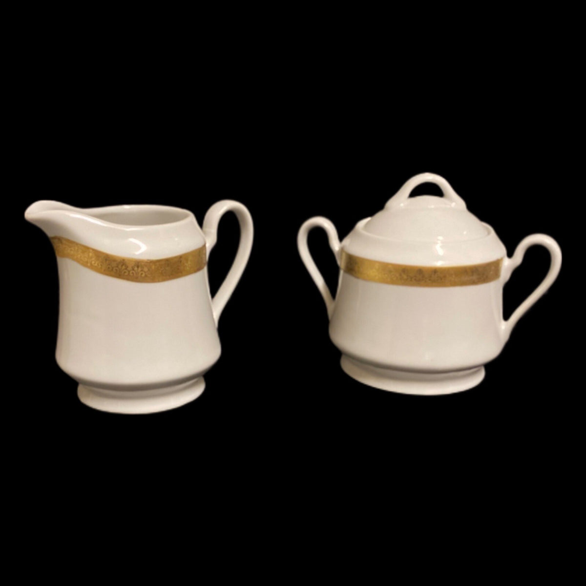 Gabbay QUEEN VICTORIA Creamer & Lidded Sugar Bowl Ceramic White Gold Border Trim