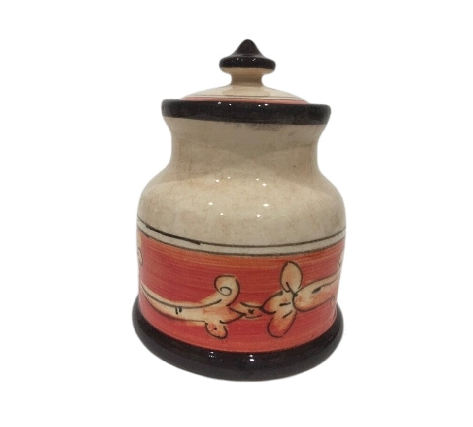 Opera Nova Handcrafted Condiment Jar Red Beige Floral Stoneware w/ Lid 6.5”H