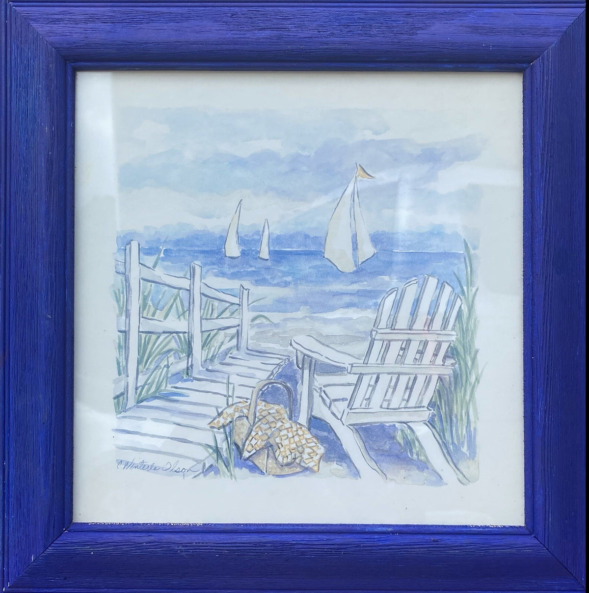 Vintage Set of 4 Charlene Winterle Olson Coastal Beach Prints Blue Frame 11.5"