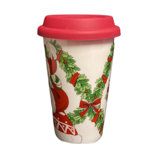 Fitz & Floyd Travel Mug Christmas CANDY CANE SANTA Holly Berry Red Silicone Lid
