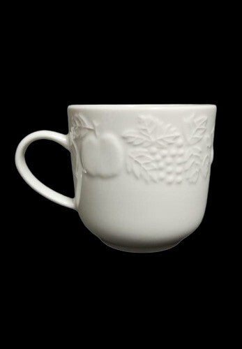 Gibson Designs FRUIT 4 Cups & 4 Saucers 8 oz Embossed Fruit, White Dinnerware