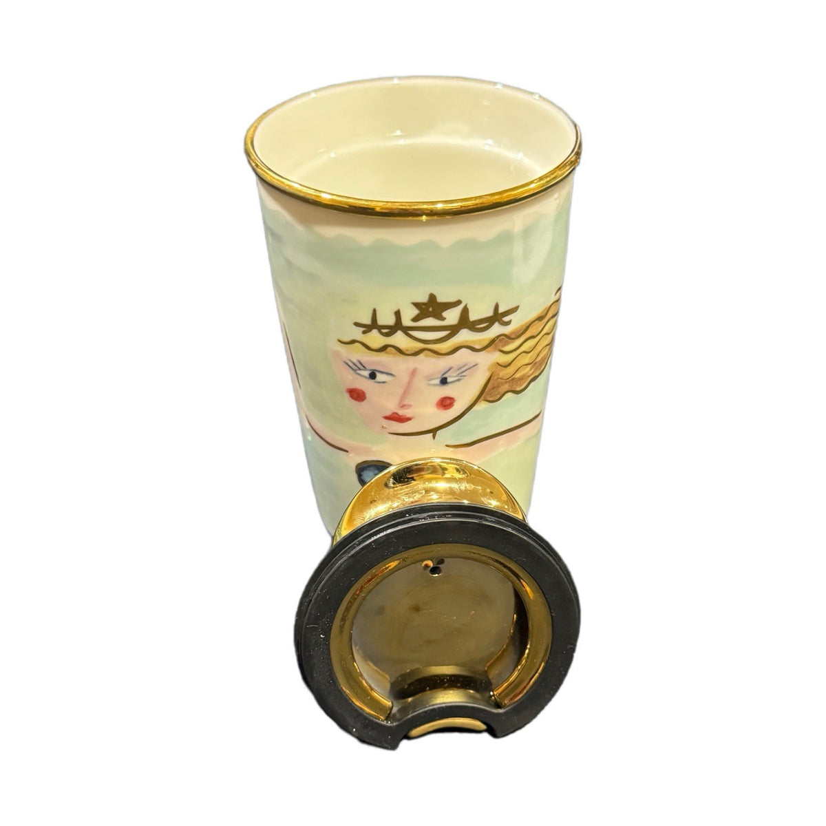 Starbucks Mermaid Tumbler 2014 12 oz Ceramic Gold Lid Rare Collector Cup