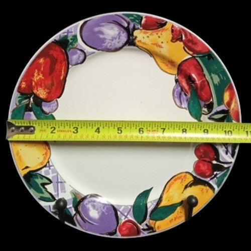 Gibson Designs CORNUCOPIA FRUIT 4-Dinner Plates 10 5/8” D Apple Pear Cherry Plum