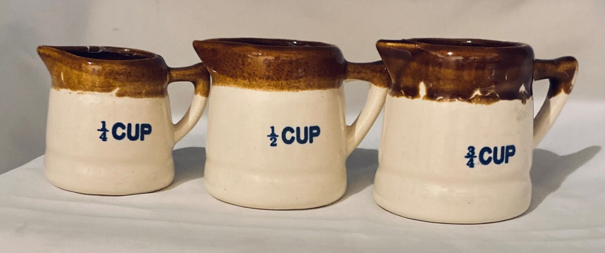 Vintage Measuring Cups Glazed Stoneware Set of 3 - 1/4, 1/2, 3/4 Brown Pottery