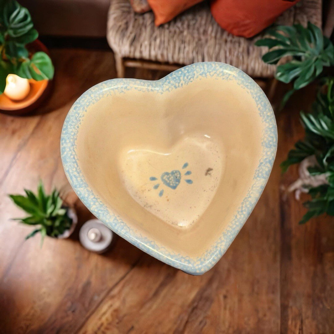 Vintage 1996 ABC Heart Shaped Deep Nesting Bowl Blue Spongeware Trim & Hearts