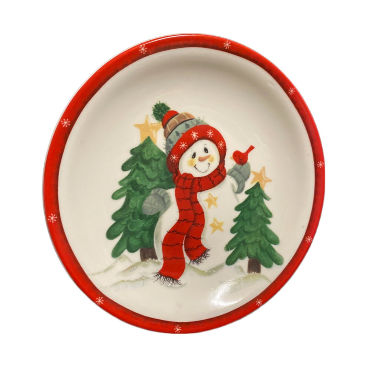 Studio 33 2-Salad Plates Holiday Snowman Red Bird Christmas Tree Stars Red Trim