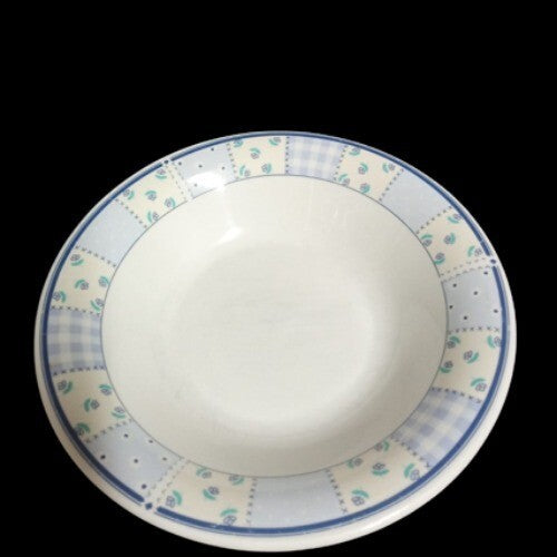 Gibson Designs HOME VALLEY 2-Soup Bowls 8” D Lilac Squares Flowers On Rim